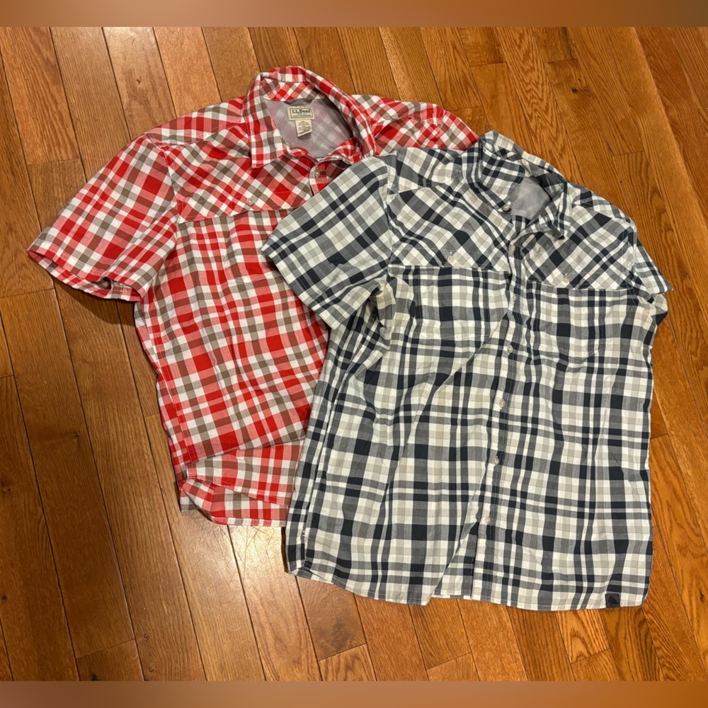 Lot of 2 L.L. Bean men’s Gray and Black Checkered Shirt X-Large XL reflective